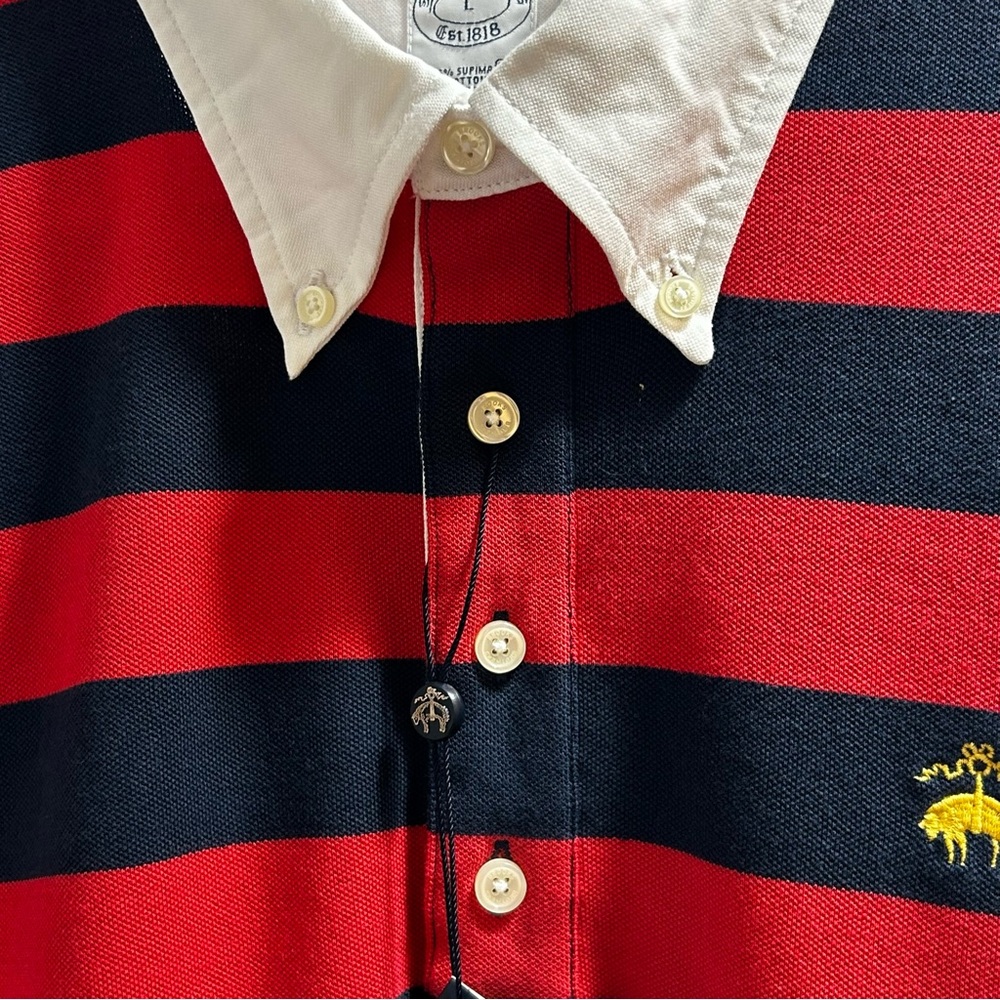 Brooks Brothers Red and Navy Striped Polo Shirt Supima Cotton NWT Size Large - Picture 5 of 16